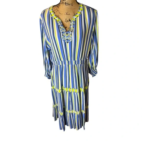 JOHN MARK Striped V Neck Tiered Midi Dress Blue Yellow Embellished Size L - Picture 5 of 13